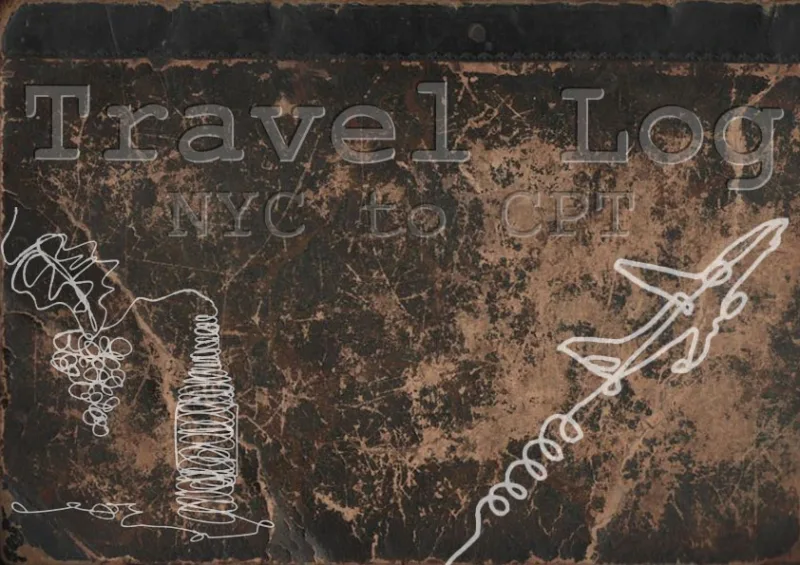 Fat Barrel Wine Company: A vintage-looking cover for a travel log, with the title "Travel Log: NYC to CPT" written across a worn leather background. The cover features simple white line drawings of an airplane and a corkscrew, suggesting a journey from New York City to Cape Town, with an emphasis on wine and travel.